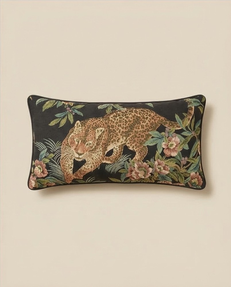 VTG Leopard Tapestry Pillow Lumbar Throw Floral 24"×12"