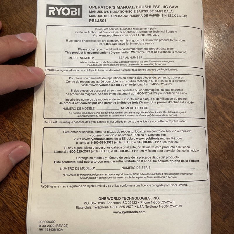 Ryobi Brushless Jig Saw Operator's User Manual PBLJS01 Instructions Only gallery
