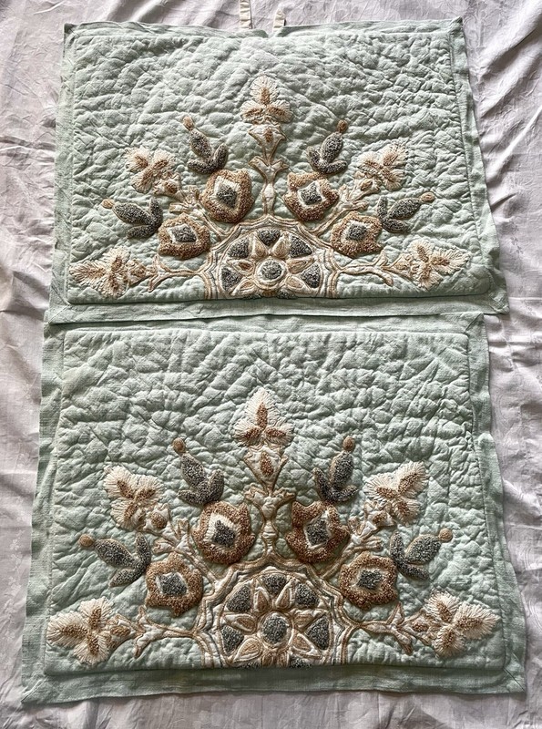 Soft Surroundings Robin Egg Blue Embroidered Crewel Quilt Standard Pillow Shams gallery