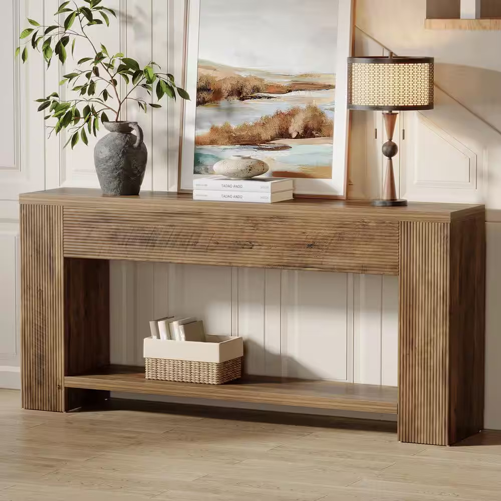 Turrella 71 In. Brown Rectangle Wood Console Table, Narrow Long Sofa Table behin gallery