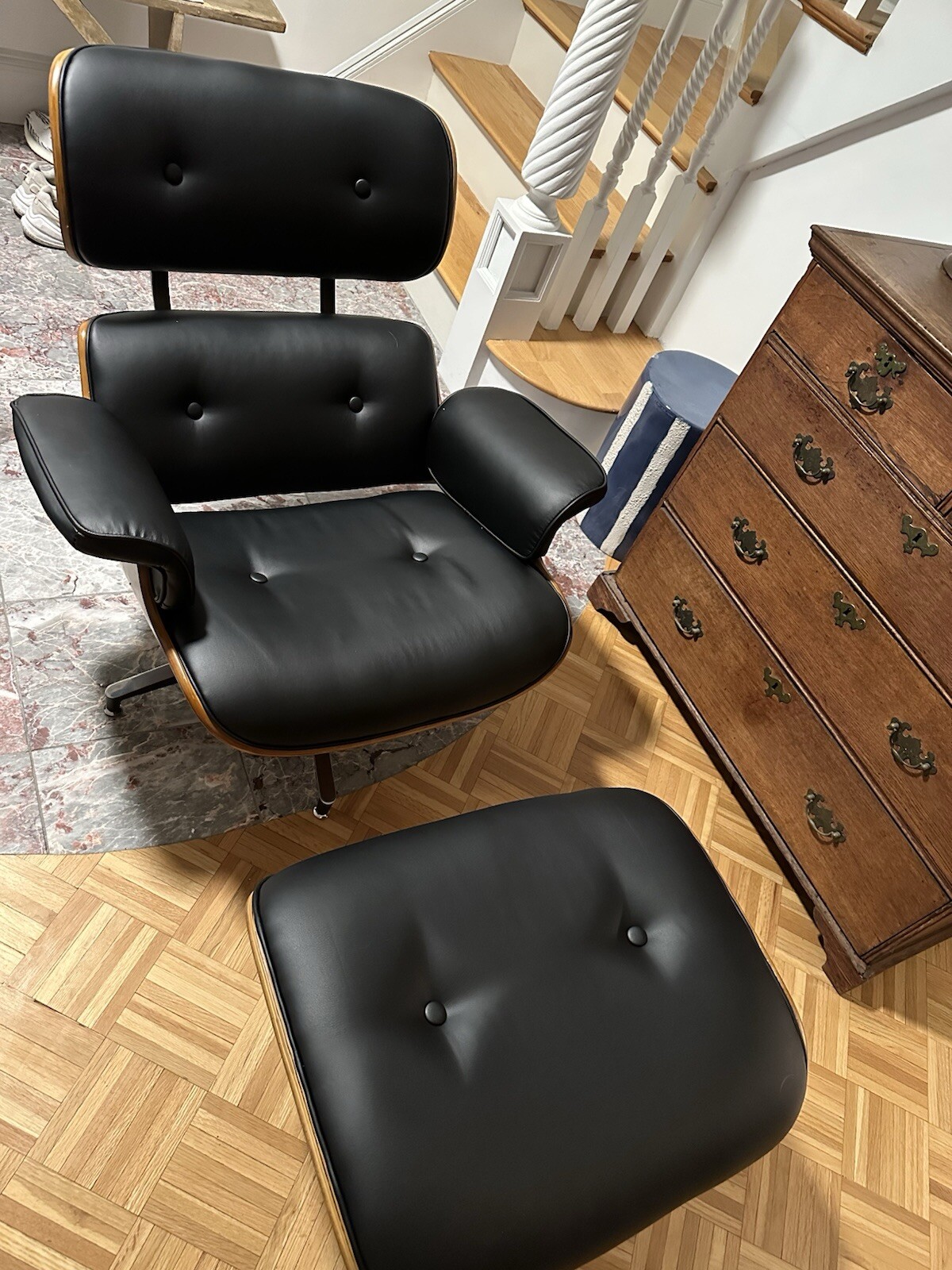 Mid Century Eames Style Lounge Chair & Ottoman Black Vegan Leather — New In Box gallery