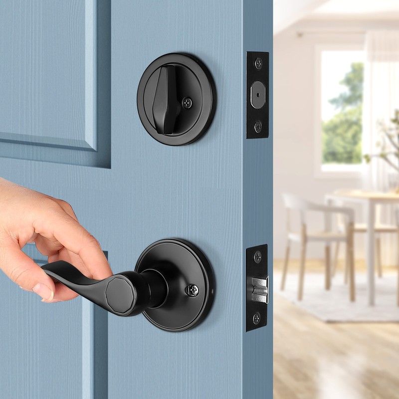 Probrico Matte Black Front Door Handle Entry Lock Set Door Levers Deadbolt Locks gallery