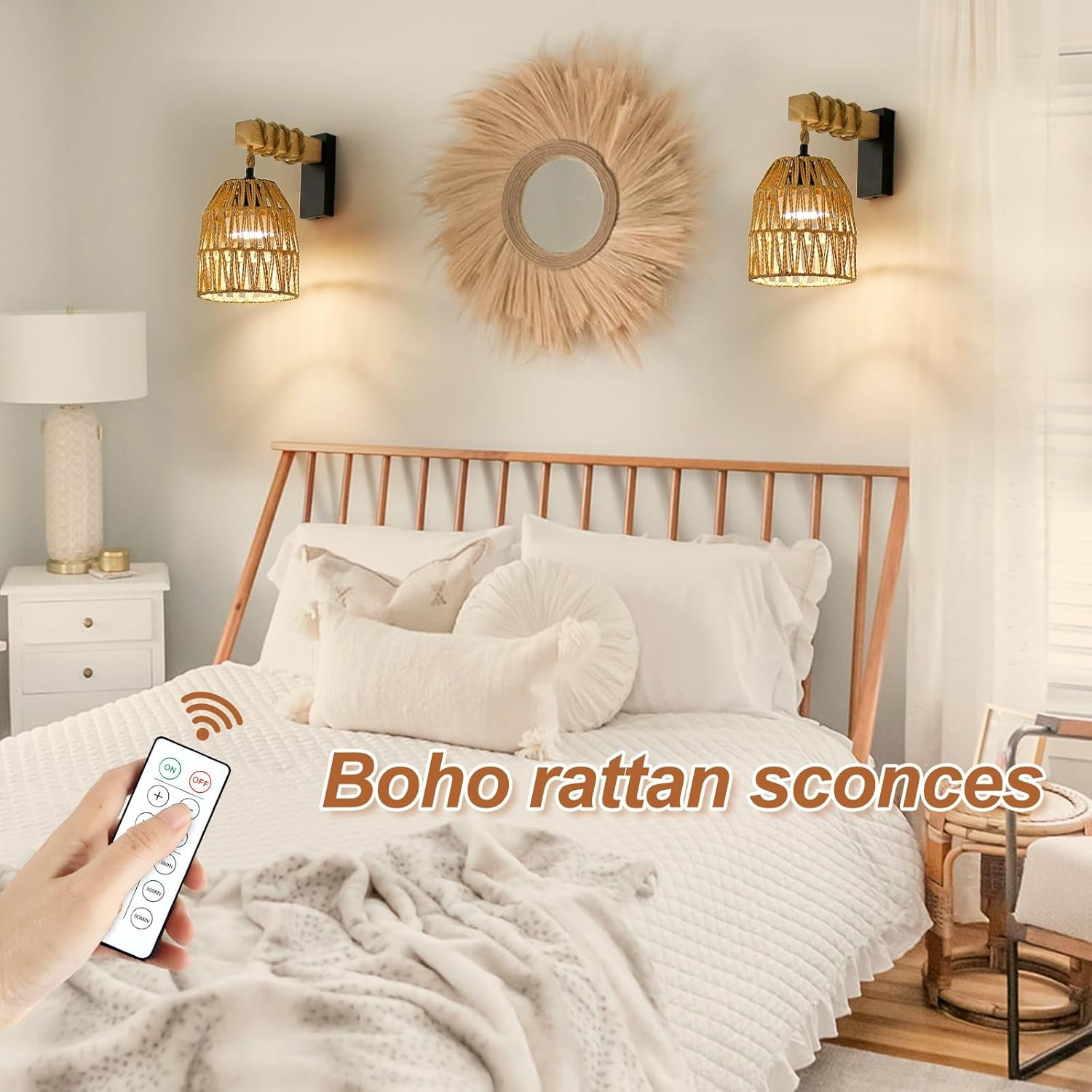 Rechargeable Rattan Wall Sconces with Remote, Set of 2 for Home Decor gallery
