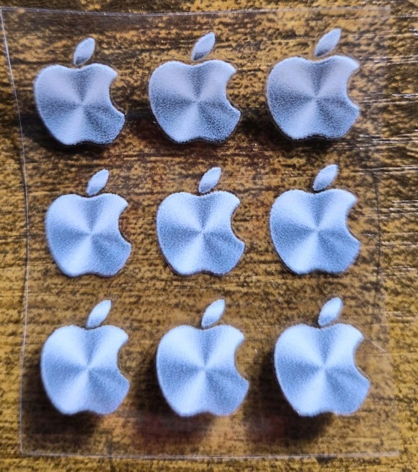 9 pc. Apple Logo Metallic Silver 1/2 in tall UV DTF Decal Sticker waterproof USA gallery
