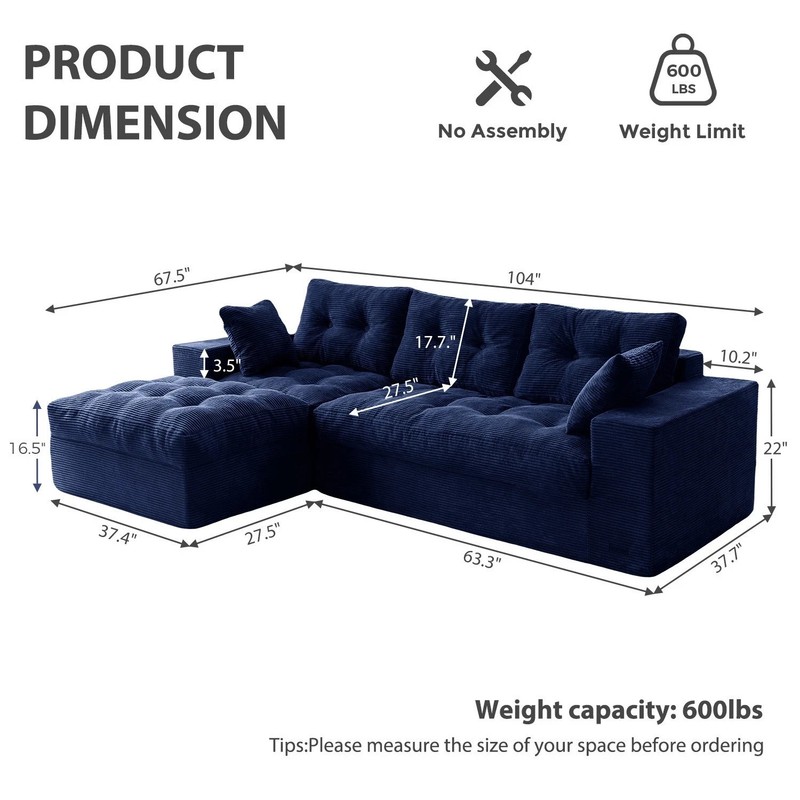 Modular Sectional Sofa with Ottoman Dark Gray Corduroy Tufted Modern Low Profile gallery