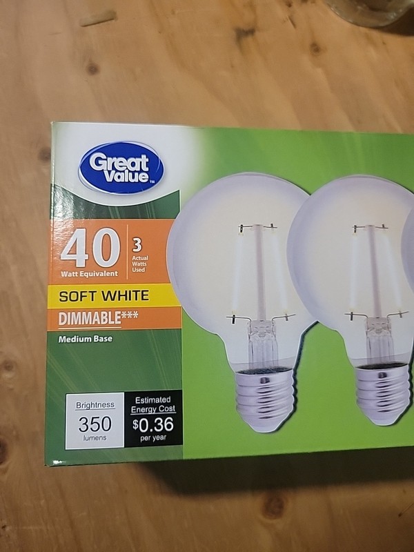 3 pack Great Value 40 watt equivalent, 3 watts used, soft white, glass LED G25 gallery
