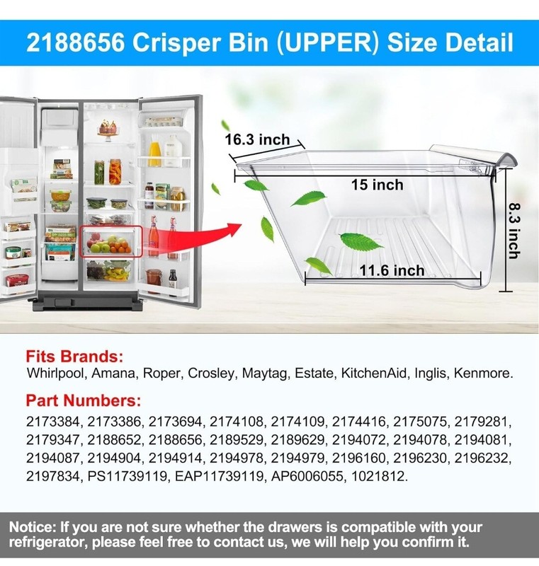 2pcs Upgraded 2188656 (Upper)&2188664 (Lower) Fridge Crisper Bin Compatible with gallery