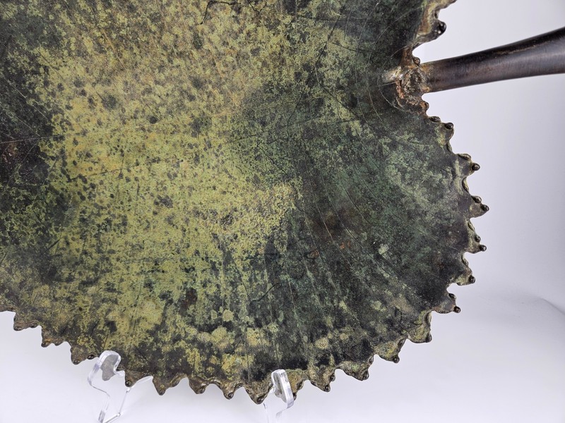 Large Decorative Metal Leaf Tray Bowel Verdigris Patina Ball Feet Serrated Edge gallery