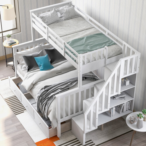 Twin Over Full Bunk Beds with Storage Drawers & Stairs Wood Platform Bed Frames gallery