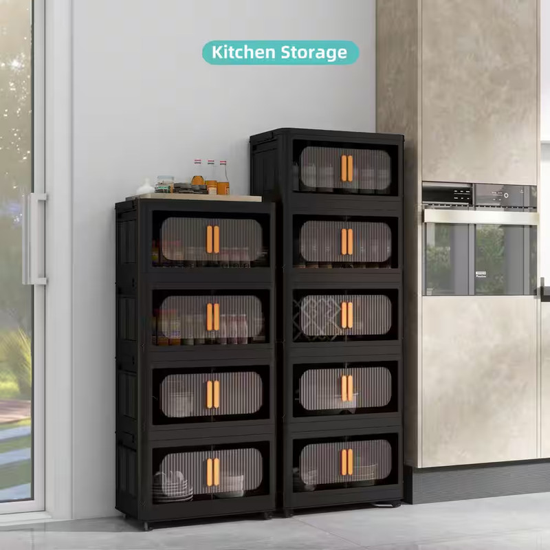 4 Tiers Kitchen Pantry, Folding Storage Cabinet, Collapsible Storage Bins with M gallery