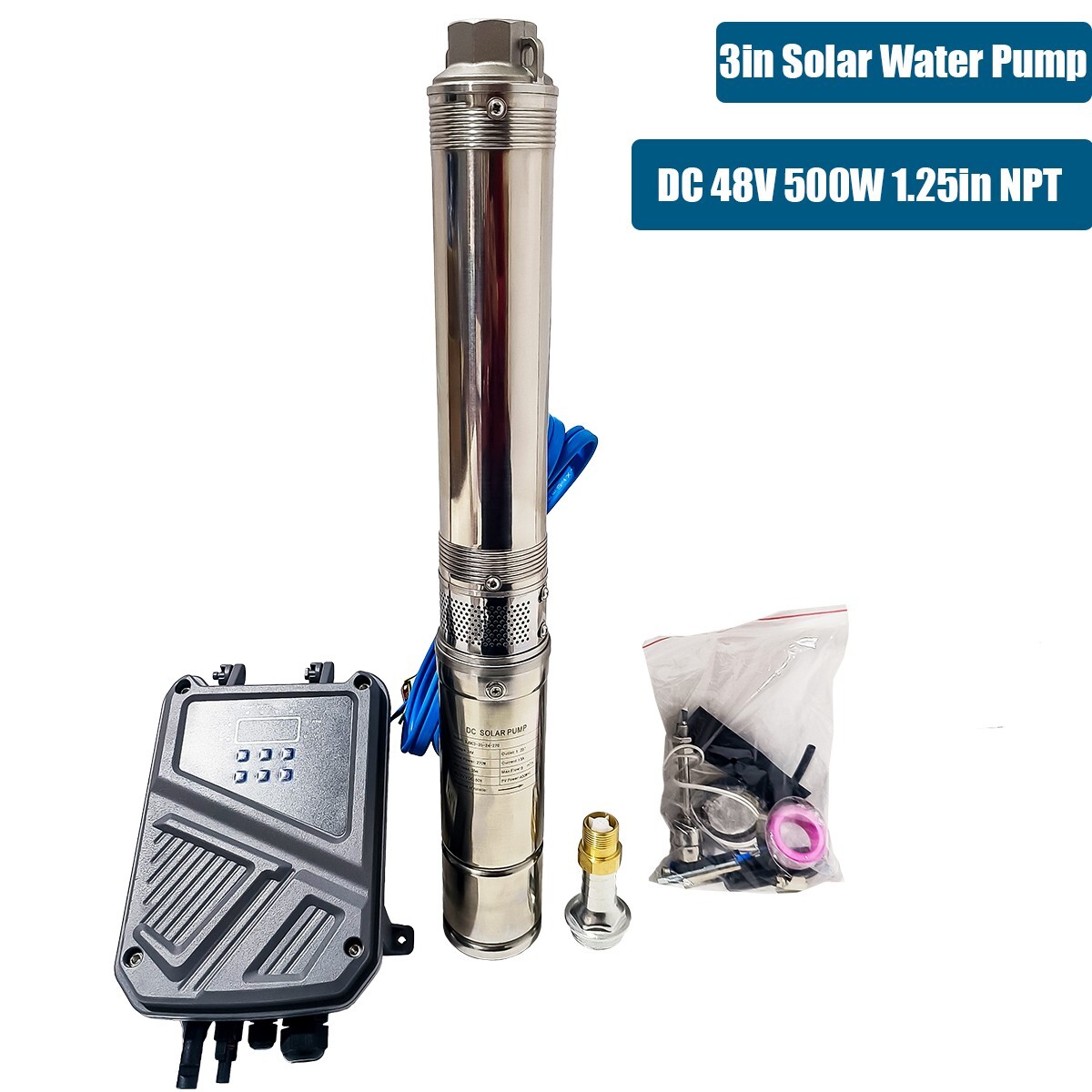 DC 48V 3" Solar Pump Submersible Pump Bore 500W Deep Well Pump + MPPT Controller gallery