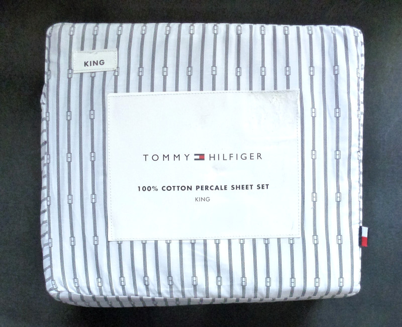 TOMMY HILFIGER 4pc Monogram Stripe KING Sheet Set Gray White 100% Cotton Percale gallery