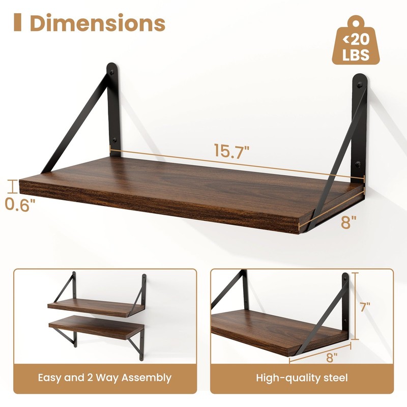 3 PCS Floating Shelves Wall Mounted Bookshelf Decorative Rack Walnut Color gallery