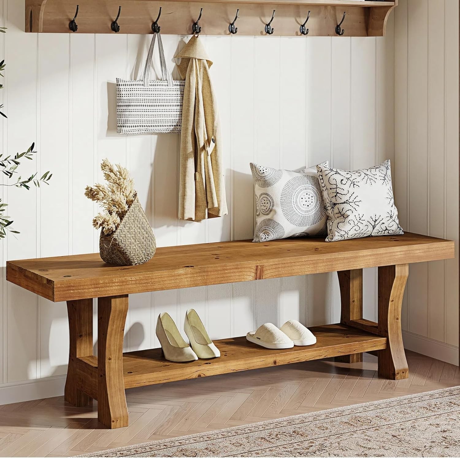 55-Inch Solid Wood Entryway Bench, Indoor End of Bed Bench with Storage Shelf gallery