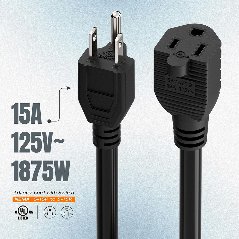 Inline On/Off Switch Extension Cord, 3-Prong Household Switchable Power Cords, gallery