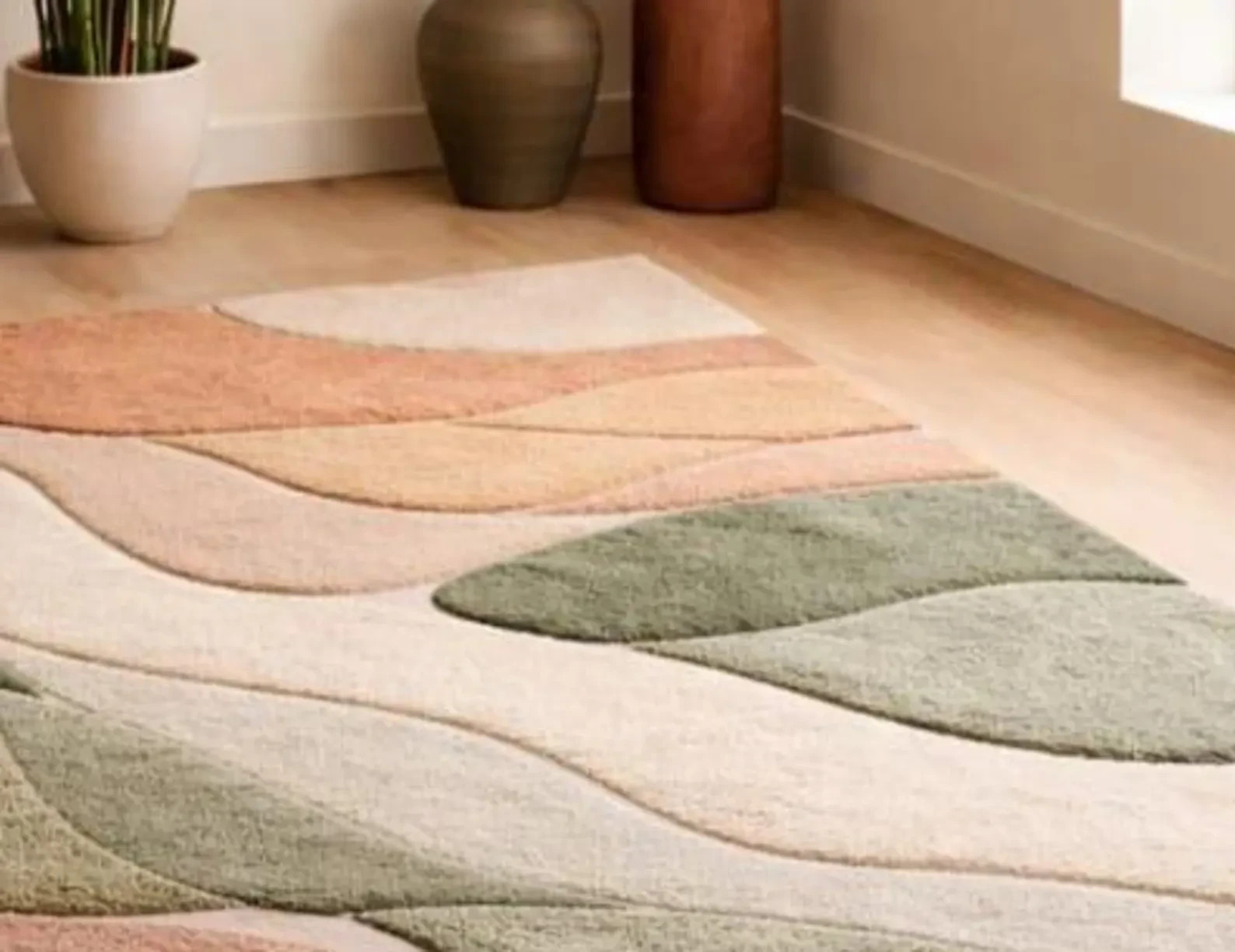 Modern Abstract Hand Tufted Area Rug in Sage Green Terracotta & Beige, High Low gallery