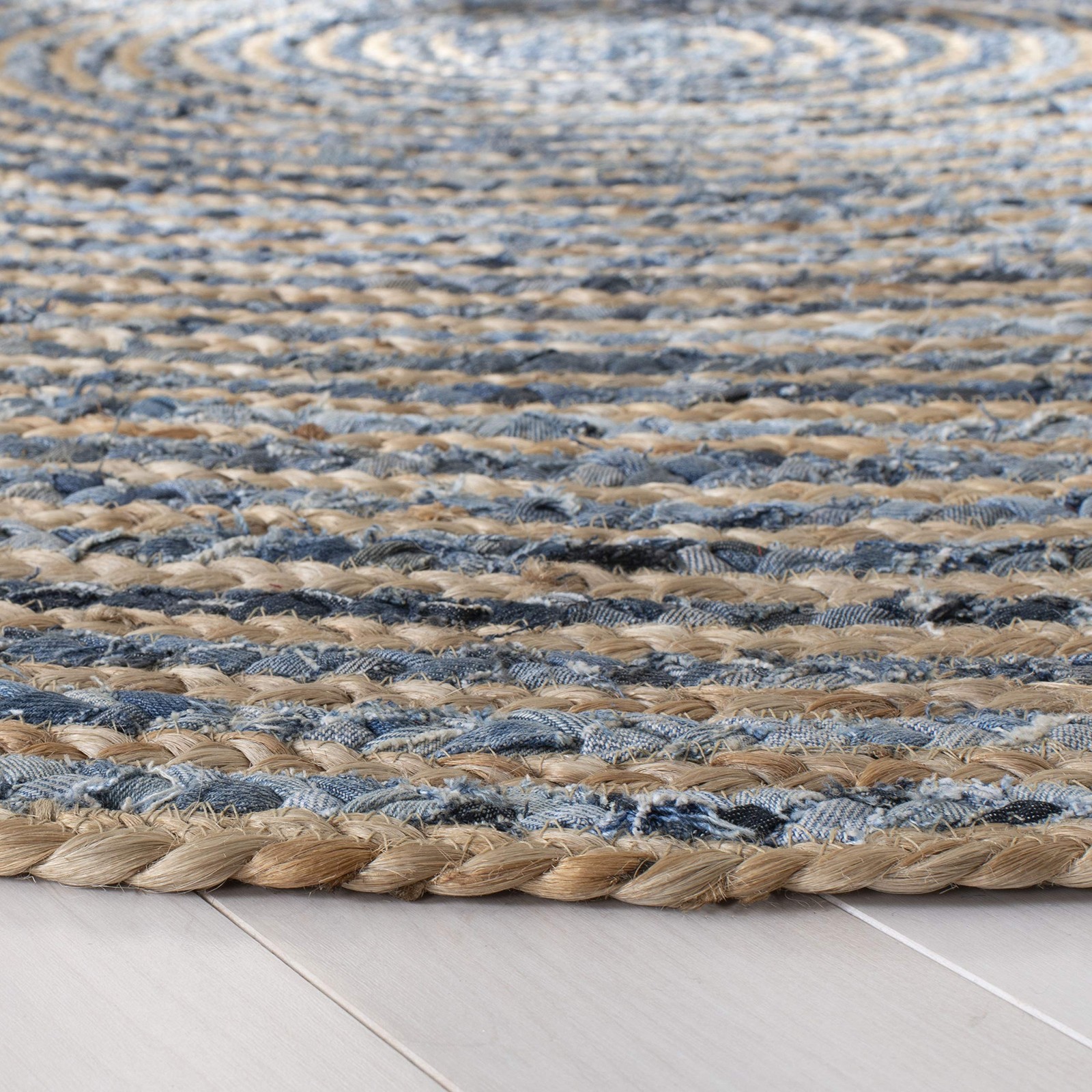 Cape Cod Collection Area Rug - 9' Round, Natural & Blue, Handmade Flat Weave ... gallery