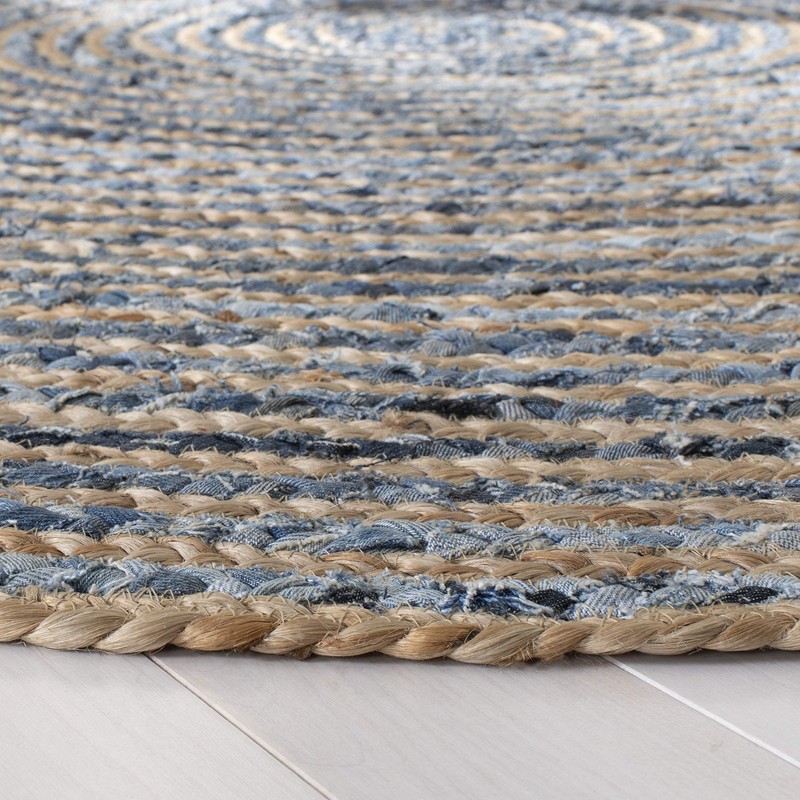 Cape Cod Collection Area Rug - 9' Round, Natural & Blue, Handmade Flat Weave ... gallery