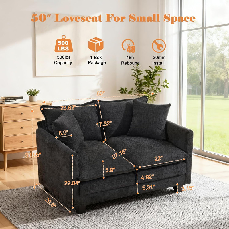 Loveseat Sofa Cloud Sofa Couch 50'', Modern Loveseats 2 Seat Couch 27" Deep Seat gallery