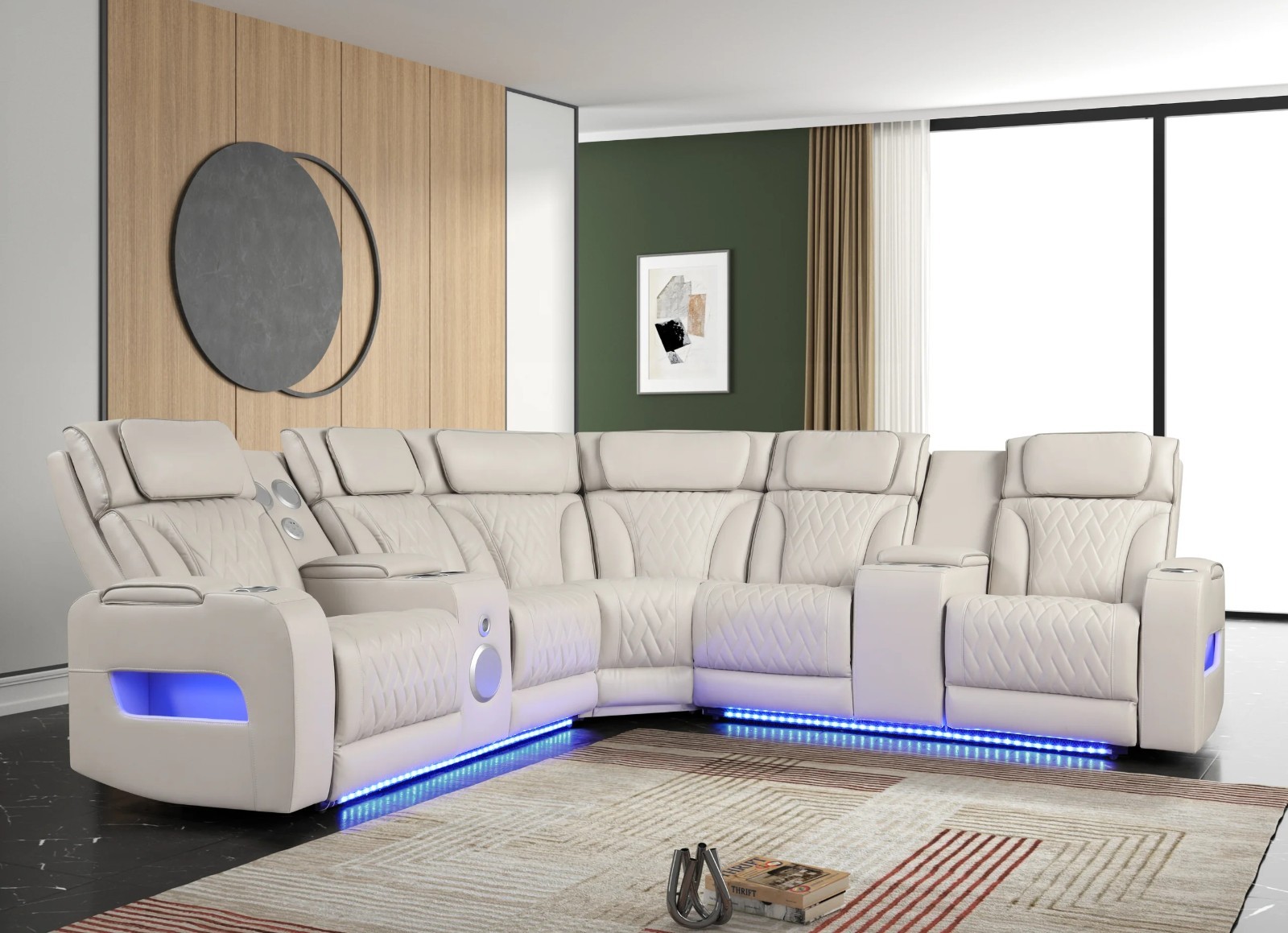 NEW 115" Wide LED Sectional Power Recliner & Adj Headrest w/ BT Speaker Biege gallery