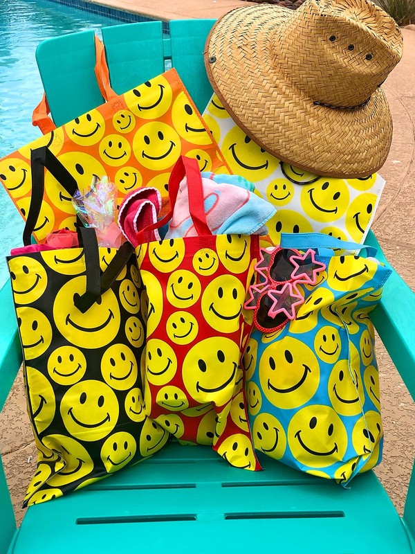 Bulk 25 Pack Smiley Face Reusable Shopping Tote Bags - 15x16 Inch Multicolor ... gallery