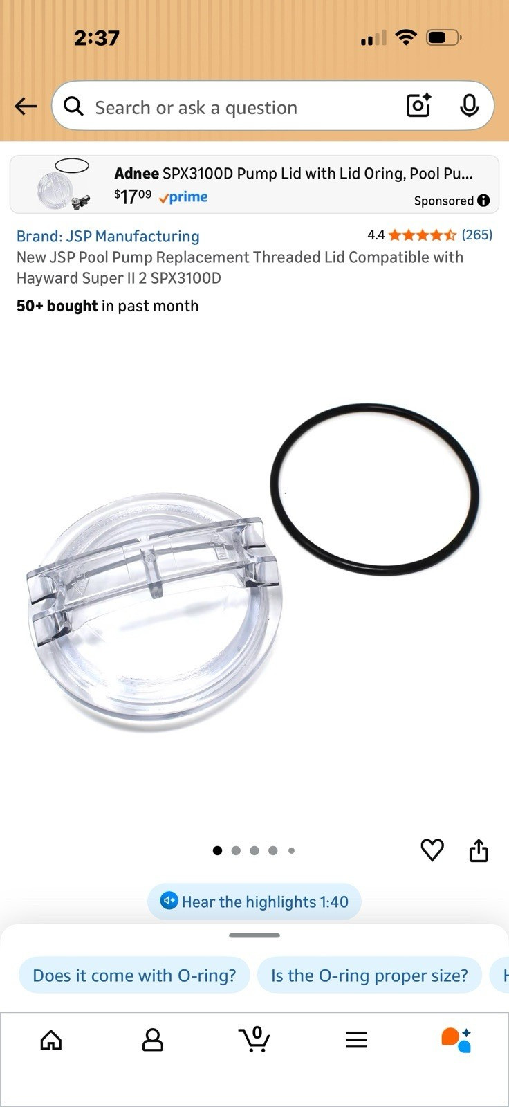 JSP Manufacturing SPX3100D Clear Pump Lid with O-ring for Hayward Super II gallery
