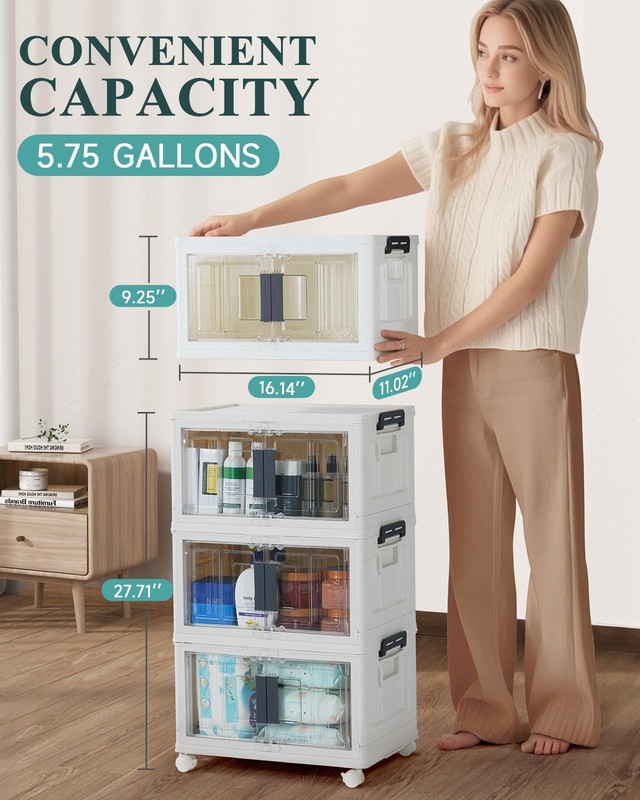 23QT Stackable Storage Bins with Lids - Folding Storage Box with Doors and Wh... gallery