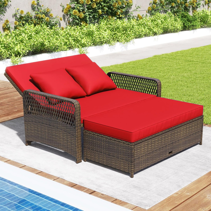 Versatile Red Wicker Daybed & Loveseat with Storage Ottoman gallery