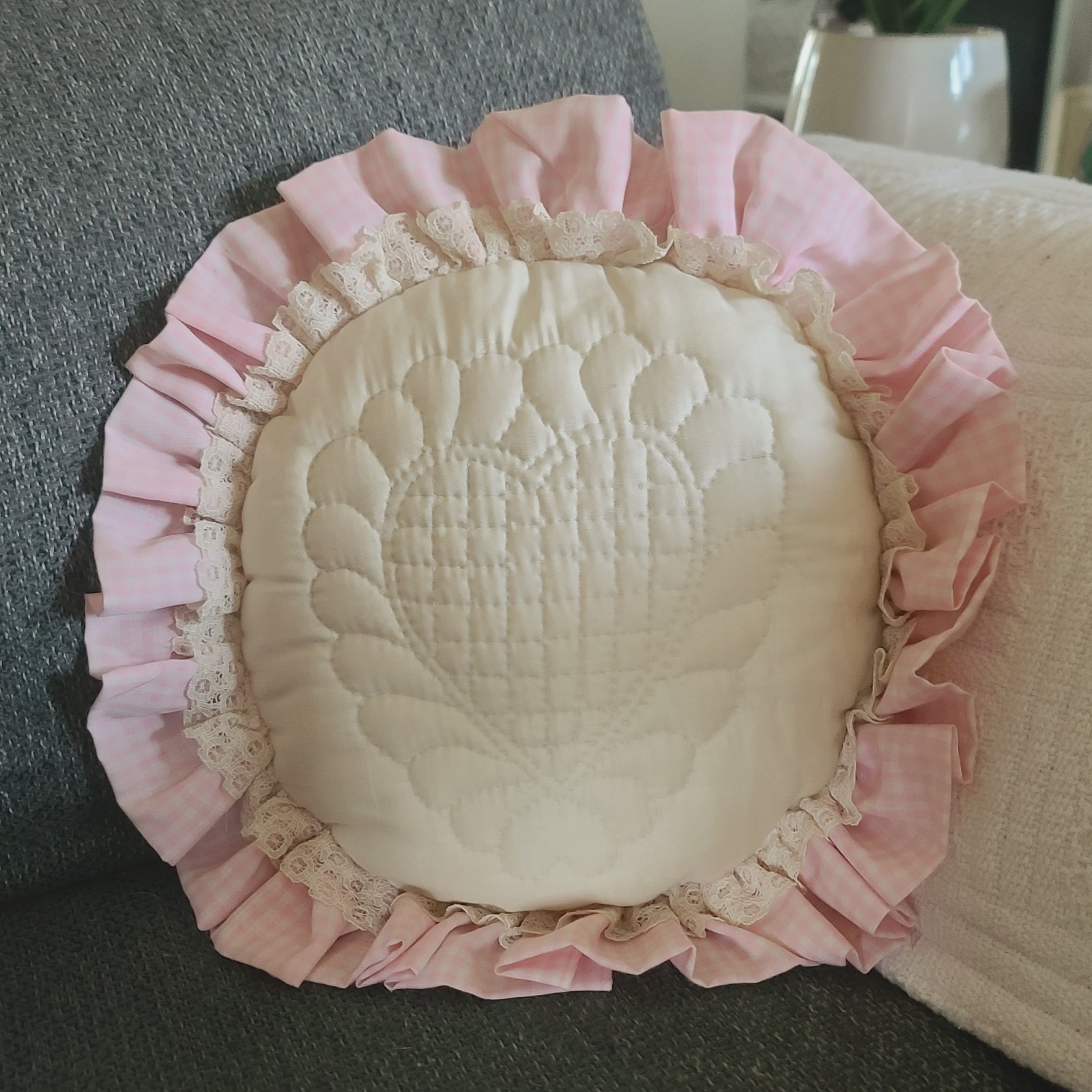 Vintage Round Pink Gingham Ruffle & Lace Embroidered Heart Throw Pillow 13" gallery