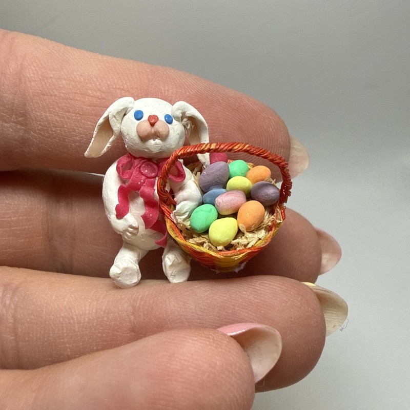 Miniature 1” Polymer Clay Easter Bunny With Straw Basket And Eggs Easter Decor gallery