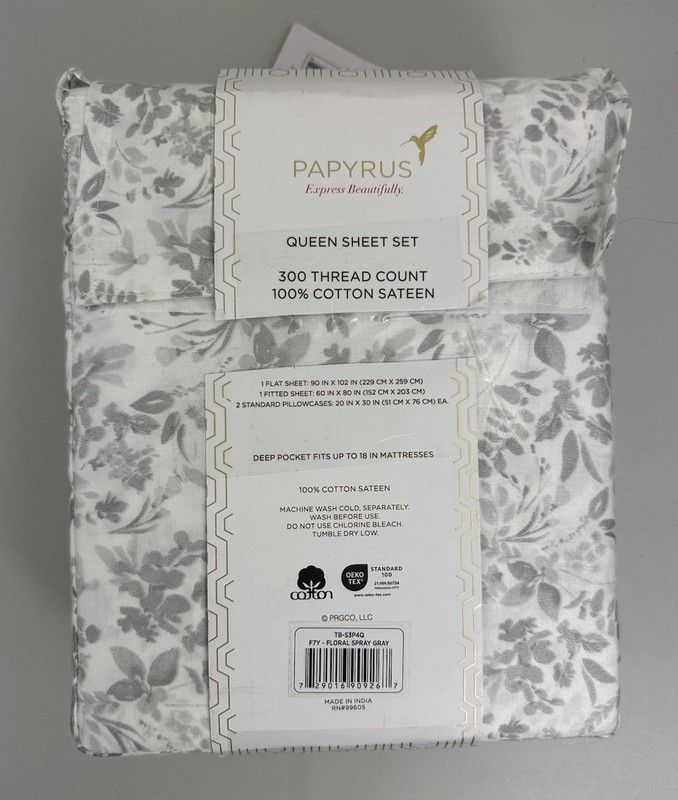 Papyrus Queen Sheet Set Floral Spray Gray 100% Cotton Sateen 300 Thread Count gallery