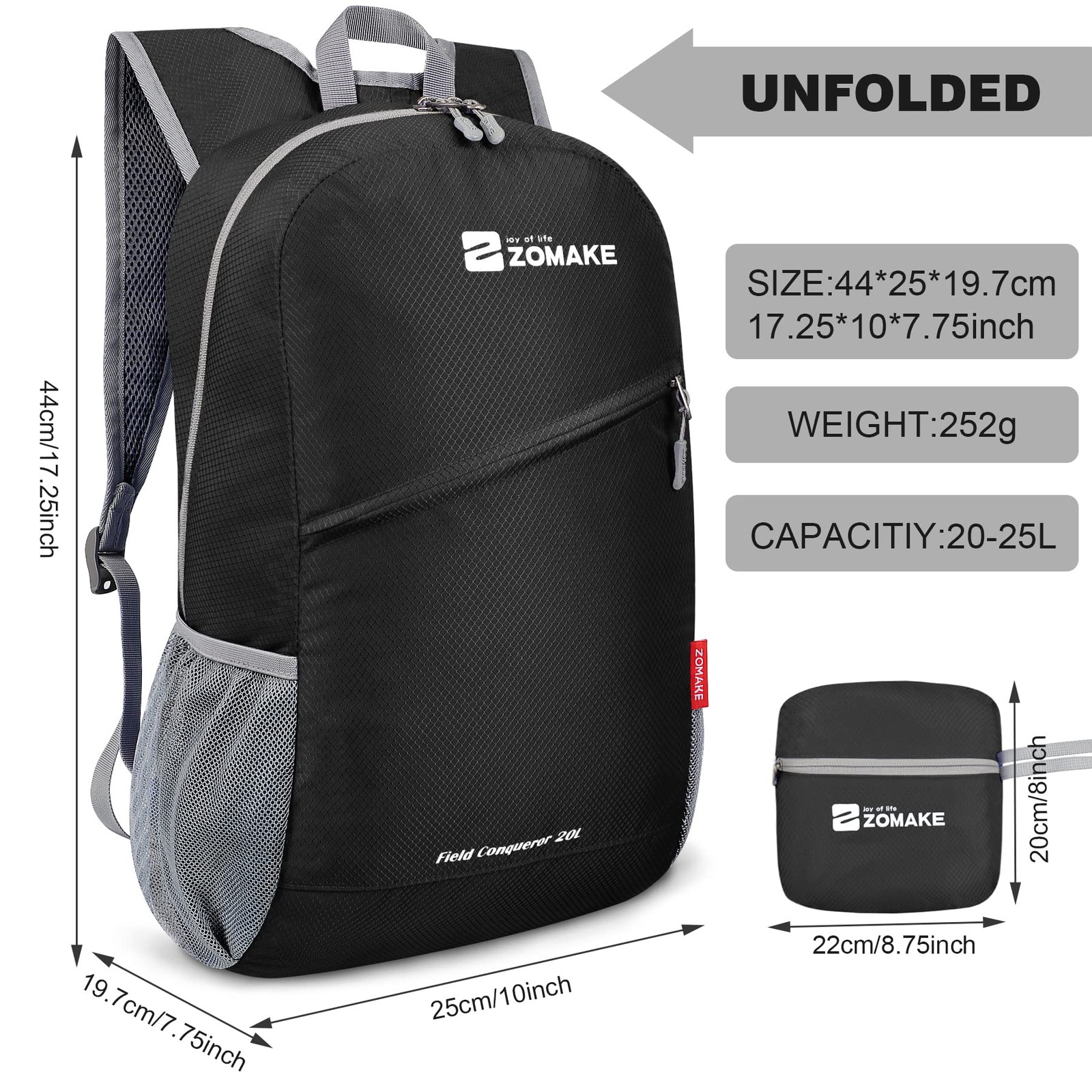 Black 20L Lightweight Packable Backpack Foldable Hiking Water Resistant Bag 2