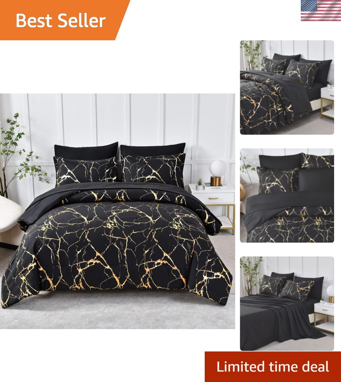 Gold Metallic Marble Comforter Set Queen Size,7 Piece Bed in a Bag,Foil Print... gallery