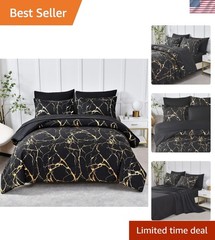 Gold Metallic Marble Comforter Set Queen Size,7 Piece Bed in a Bag,Foil Print…