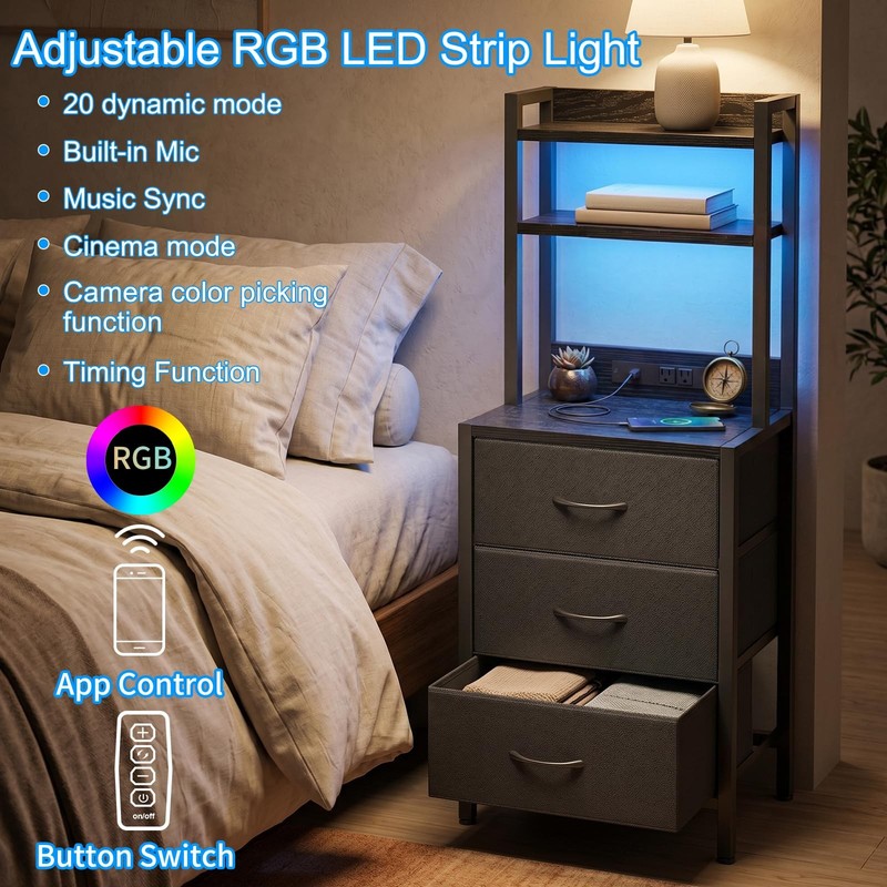 Fixwal 41 Inch Tall Nightstand Charging Station 3 Fabric Storage Drawers And gallery