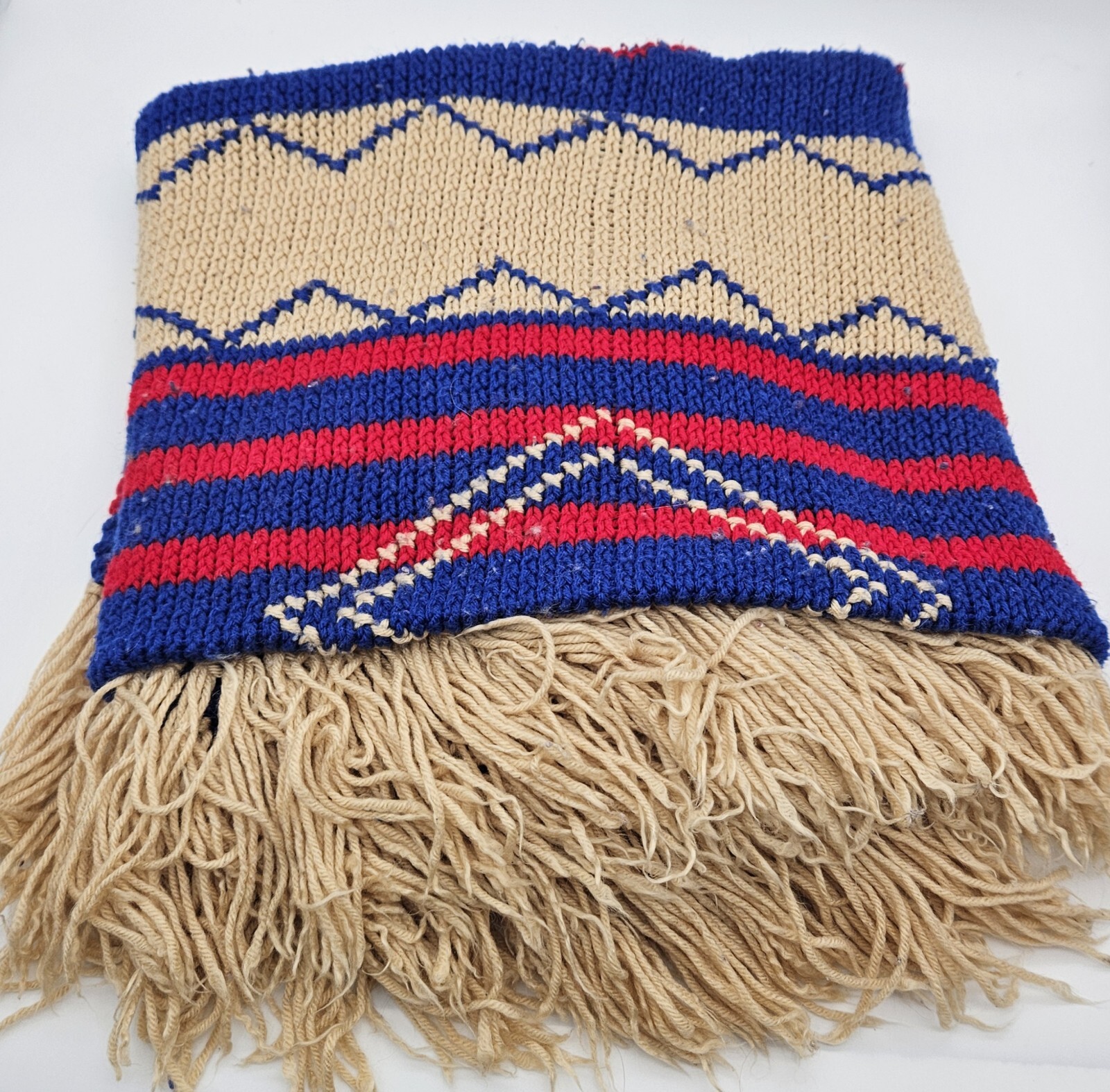 Vintage Crocheted Country Throw Blanket Tan Red Blue With Fringe Western 47 × 33 gallery