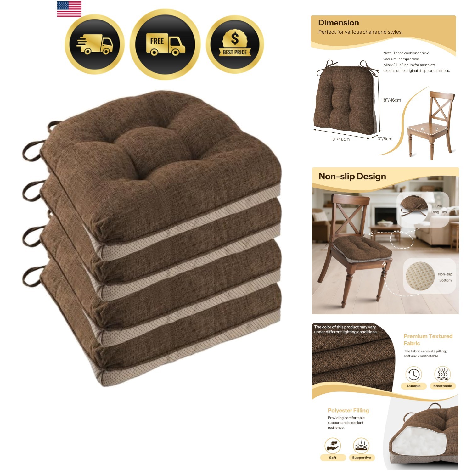Non Slip Chair Cushions for Dining Chairs Set of 4 Kitchen Chair Cushions 18"... gallery