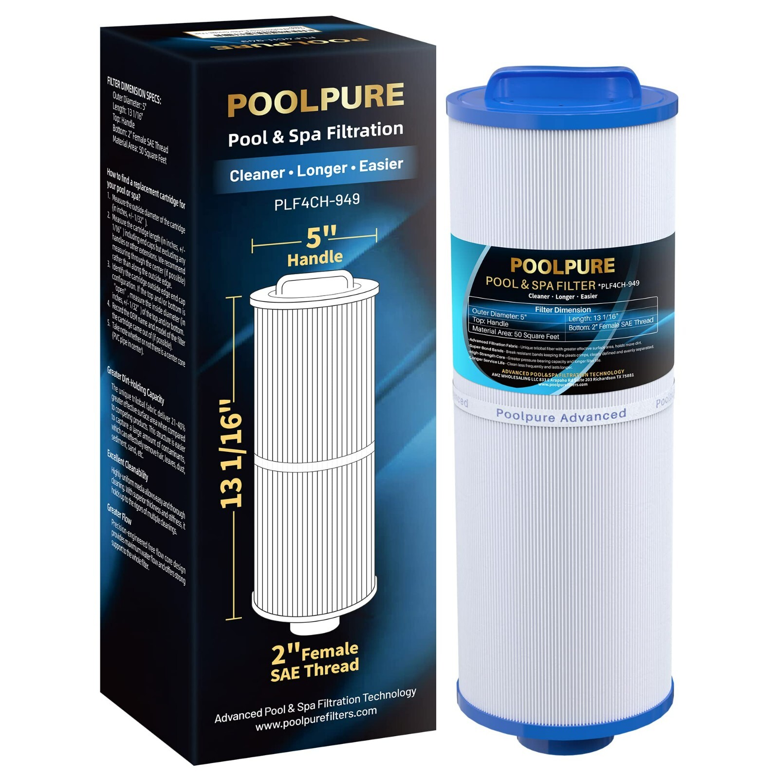 POOLPURE 4CH-949 Spa Filter Replaces Pleatco PWW50L, Filbur FC-0172, SD-01143 gallery