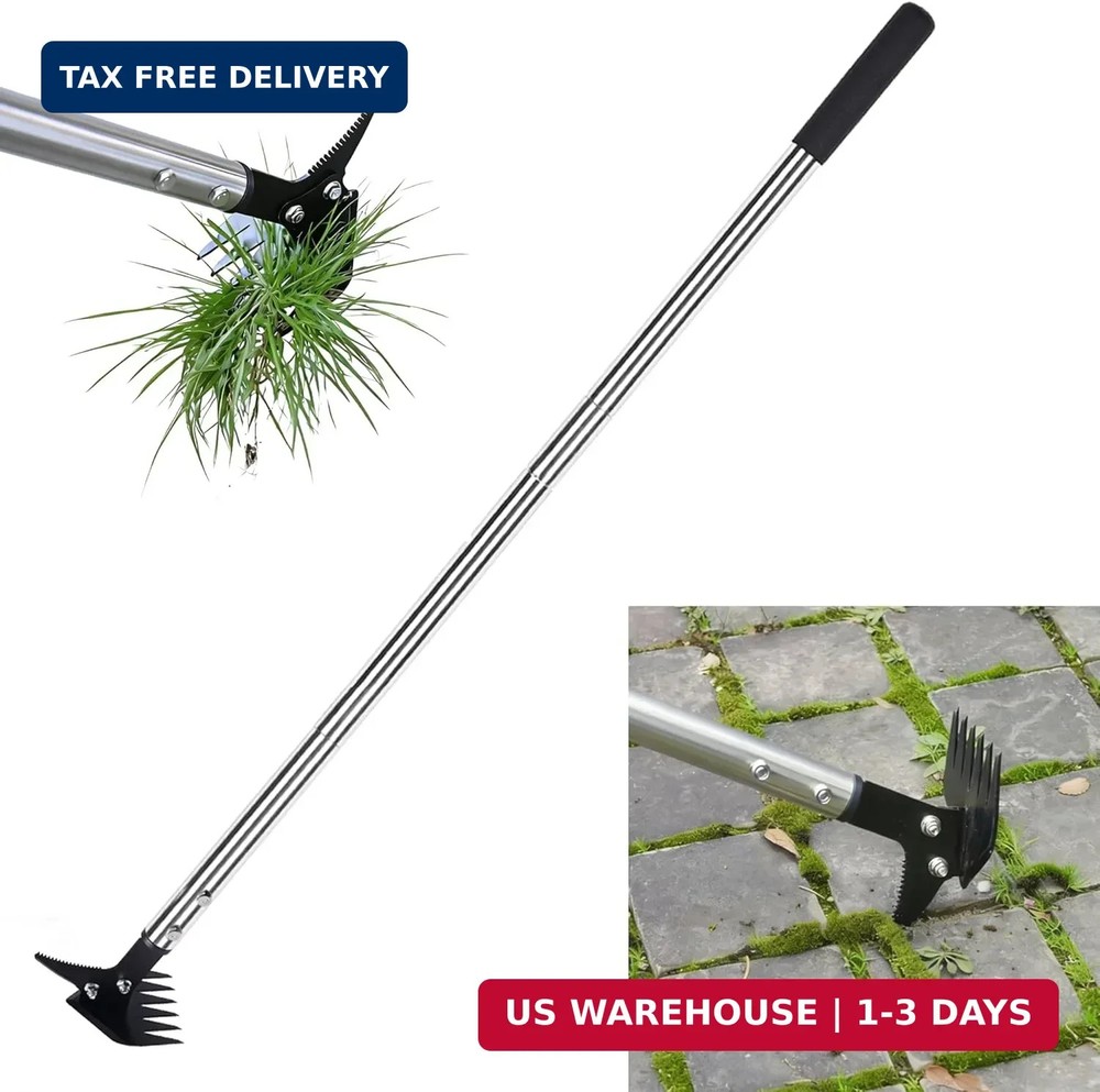 Weed Puller 61" Adjustable Long Handle, 2-in-1 Weed Rake & Crack Weeder with Det
