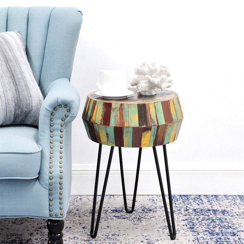 Greenage Side End Table Solid Reclaimed Wood Nightstand Round 3D Round 22" H gallery