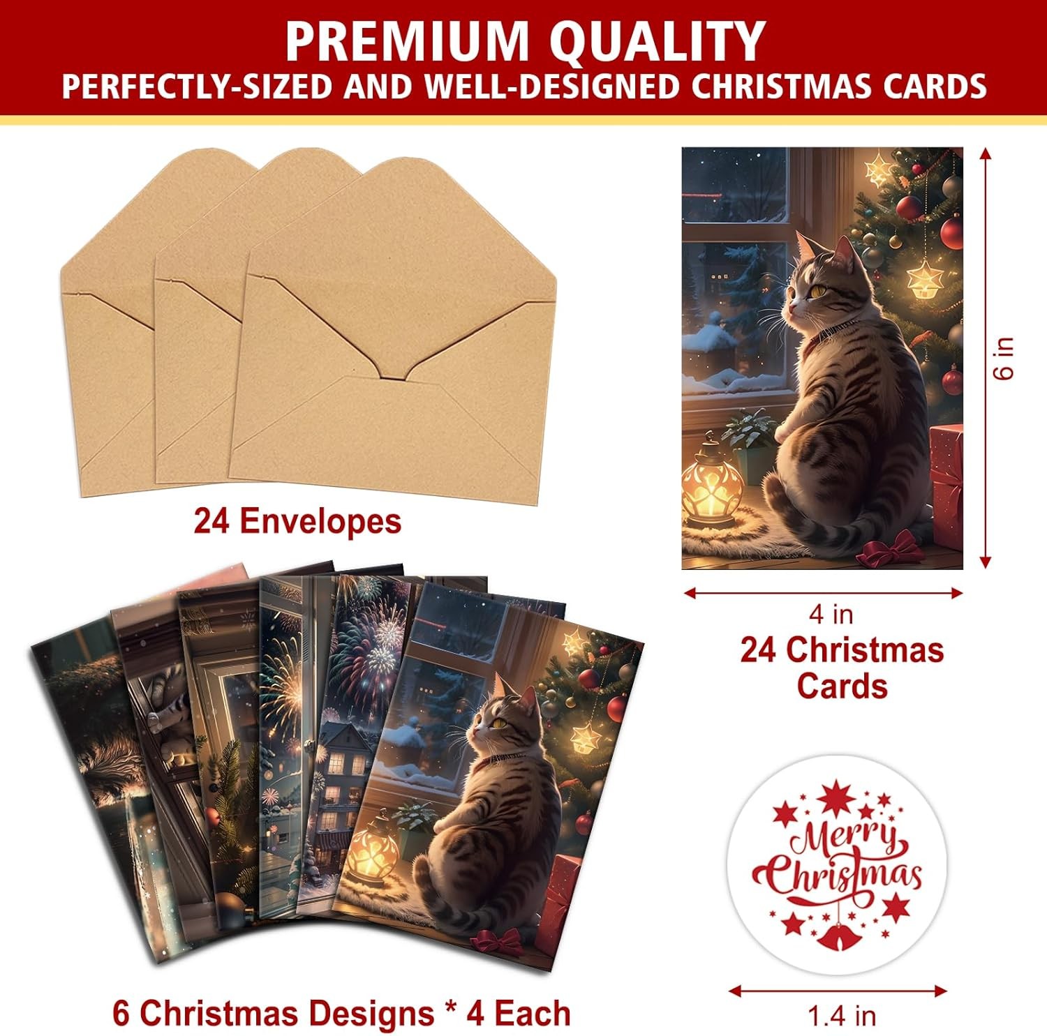 24 Pack Cat Christmas Cards with Envelopes & Stickers, 4 x 4 x 6 inches, 067 gallery