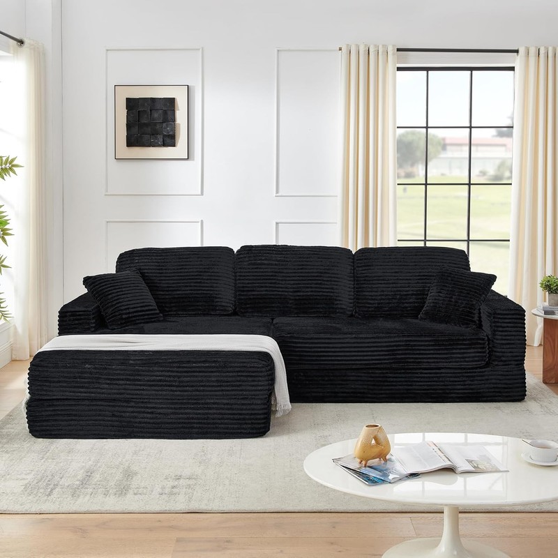 112.6" L Shape Convertible Sectional Sofa Corduroy Boneless with Left Chaise gallery