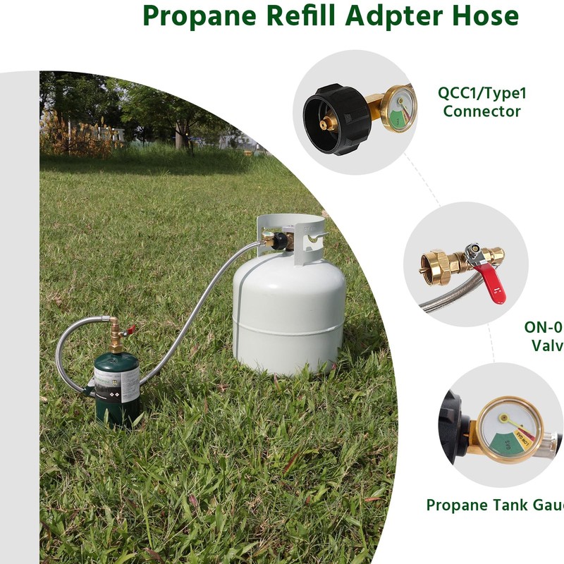3FT Propane Refill Adapter Hose, 1 lb Tank, Gauge, On/Off Valve, 20lb to 1lb gallery