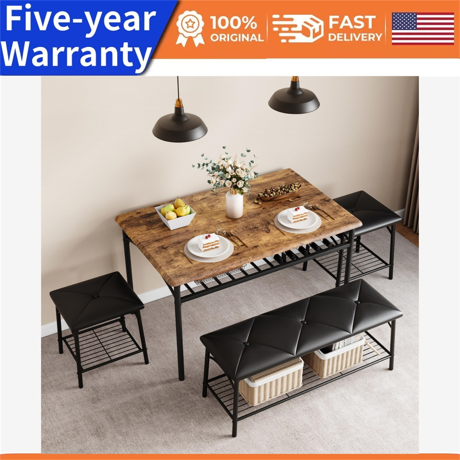 4pcs Kitchen Table Set with Upholstered Bench and Square Stools Dining Table gallery