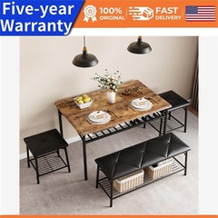 4pcs Kitchen Table Set with Upholstered Bench and Square Stools Dining Table