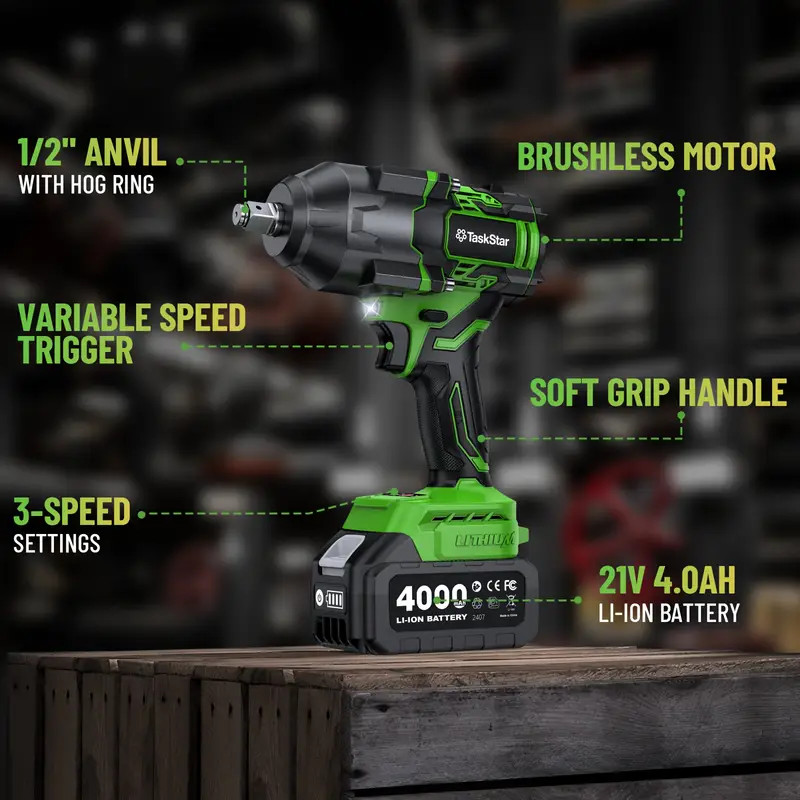TaskStar Cordless Impact Wrench 1/2“, 1110 Ft-lbs(1500 N.m) 2 * 4.0 Ah Battery gallery