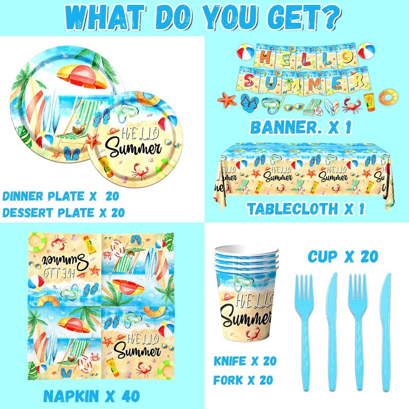 Hello Summer Party Decorations-142Pcs Beach Pool Party Paper Plates and Napki... gallery