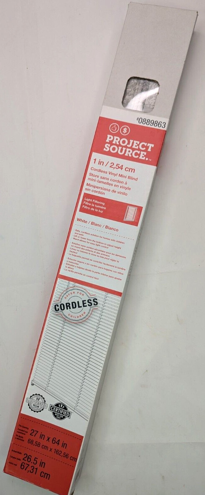 Project Source 1" Cordless Vinyl Mini Blind, White - Size 23" x 42" - Child Safe gallery