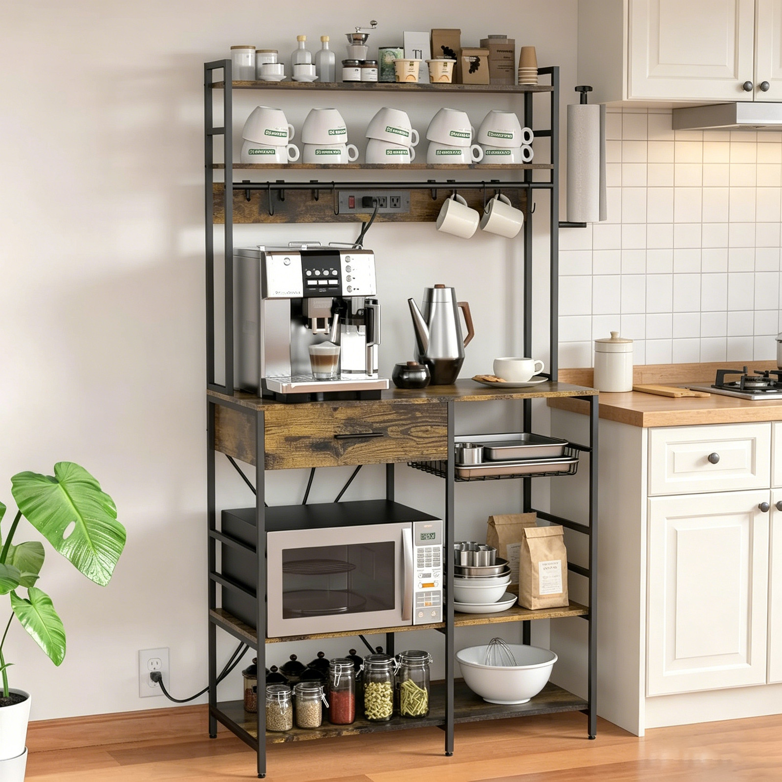 Large Brown Shelf Unit with Power Outlet, Freestanding Storage Organizer gallery