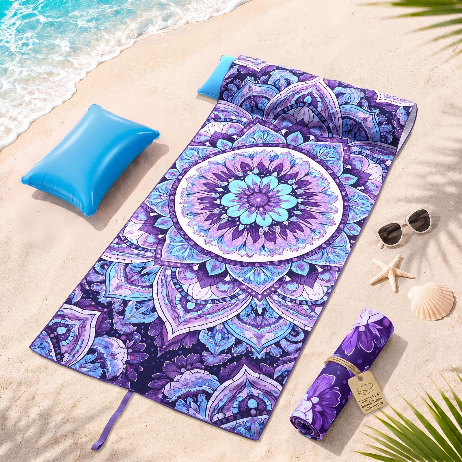 2 in 1 Microfiber Beach Towel with Round Inflatable Pillow 71'' x 32'' Mandala gallery